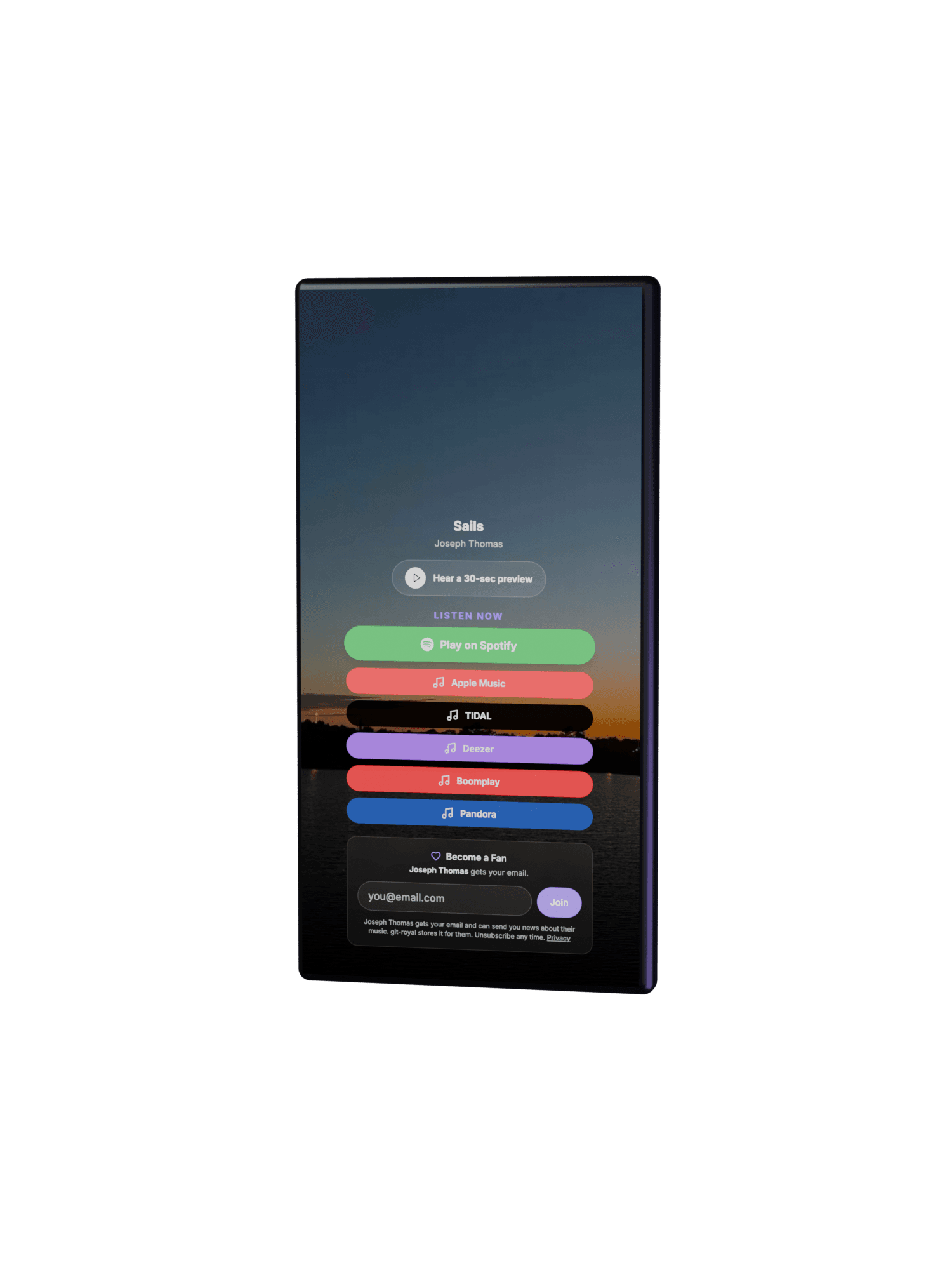 A git-royal smart-link release page on a phone