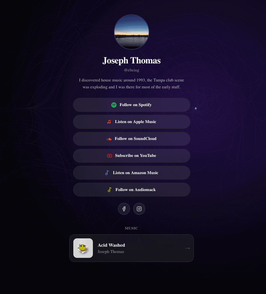 A git-royal bio link page with an artist photo, social icons, and stacked buttons linking to releases